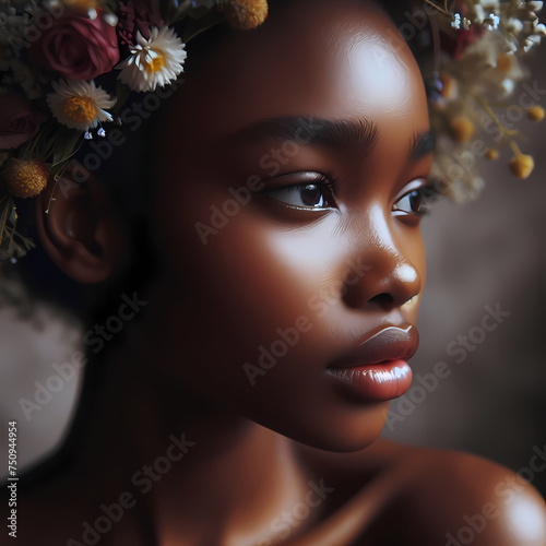 Portrait of a american african woman with a flower on head