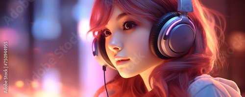 Anime girl with vibrant red hair immersed in music while wearing fashionable headphones. Concept Anime, Girl, Vibrant Red Hair, Music, Headphones
