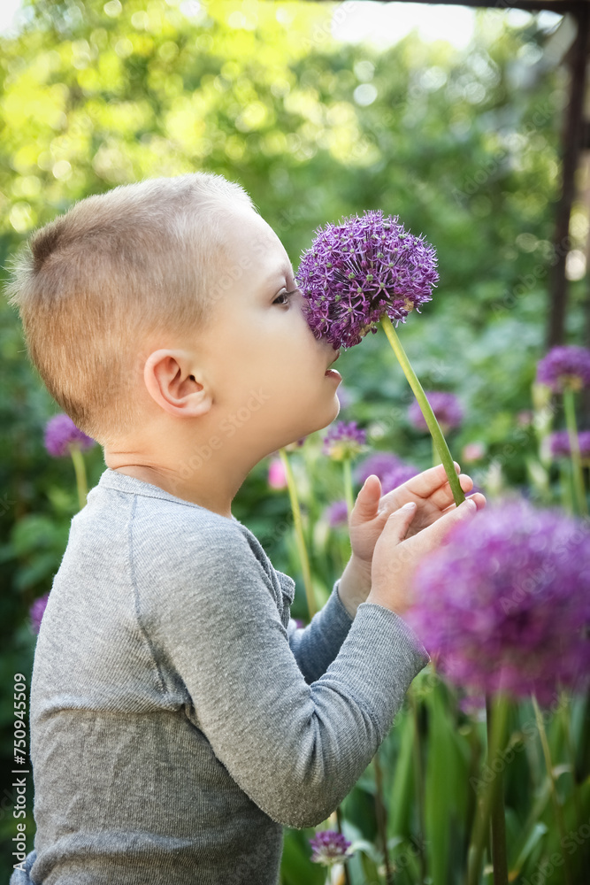 A Happy child with flowers sniffing in the park on nature travel A Happy child with flowers sniffing in the park on nature travel
