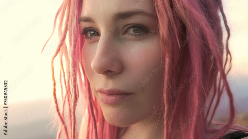 beautiful woman with pink dreadlocks gazing into the distance