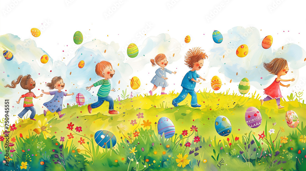 Easter Eggs and Flowers in a Sunny Meadow Illustration