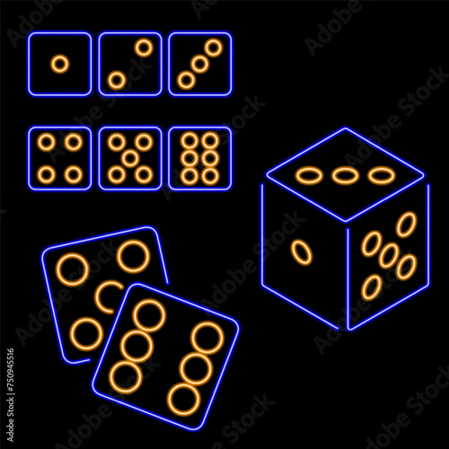 dice group of neon icons, vector illustration on black background.