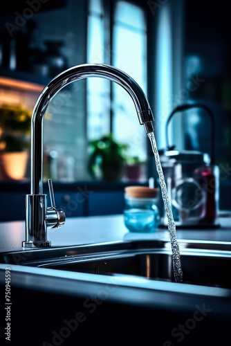 Close up shot of a kitchen water tap with water droplets dripping, showcasing functionality and modern design for household use.