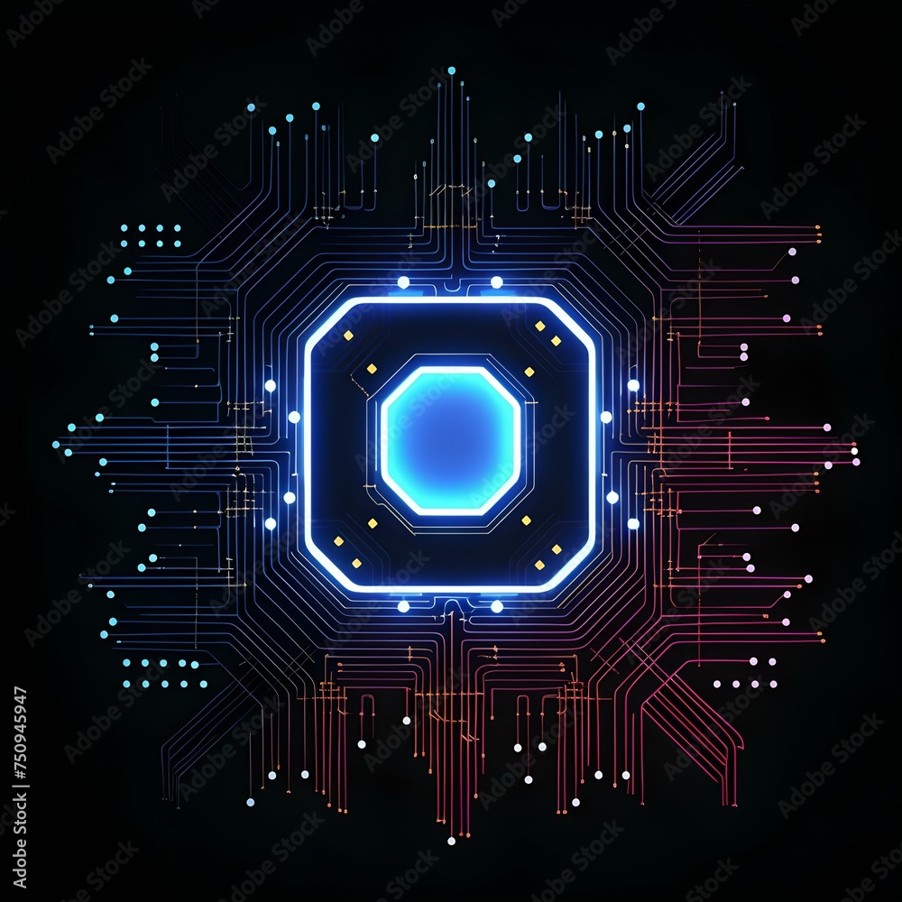Abstract glowing hexagon with circuit lines on a dark background