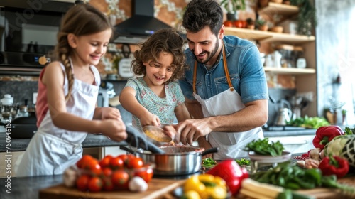 A family is happily cooking and bonding in the kitchen  sharing natural foods and ingredients  while enjoying leisure time together. AIG41