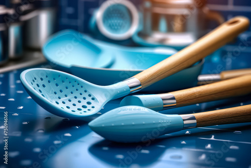 Kitchen utensils neatly arranged on the kitchen table, ready for cooking and meal preparation, creating a tidy and organized culinary workspace.