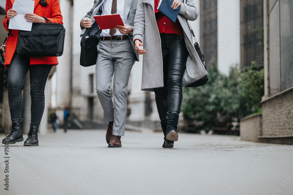 A dynamic trio of business professionals walking confidently in an urban setting, deep in discussion A dynamic trio of business professionals walking confidently in an urban setting, deep in discussion