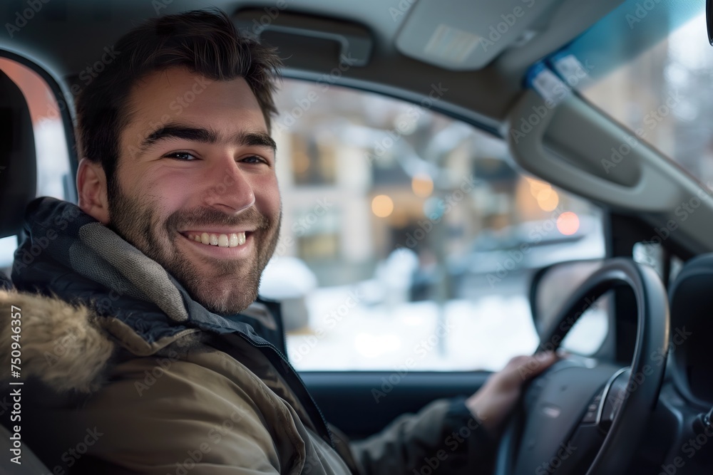 Obraz premium Handsome man smiling while driving a car.