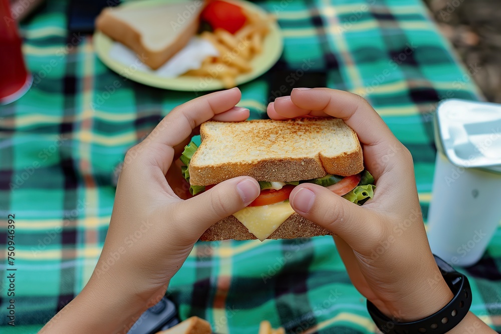 A kid hands holding a sandwich.