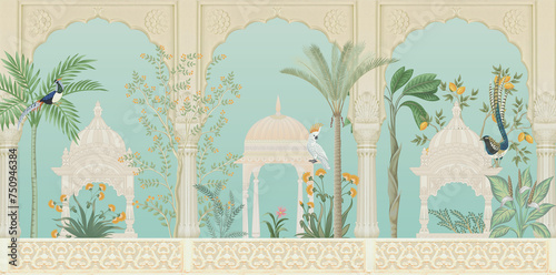 Mughal garden arch, plant, peacock illustration for wallpaper. Traditional garden wallpaper design vector illustration. photo