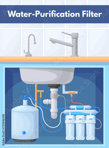 Kitchen water purification. Home aqua filtration pipe and reverse osmosis filter under sink in house, bacteria treatment distilled liquid water-purifier, neat vector illustration