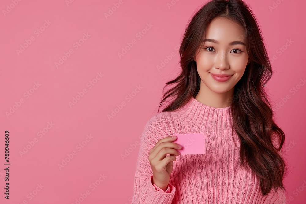 Young Asian woman in a pink sweater holding a pink card in her hands. Young Asian woman in a pink sweater holding a pink card in her hands.