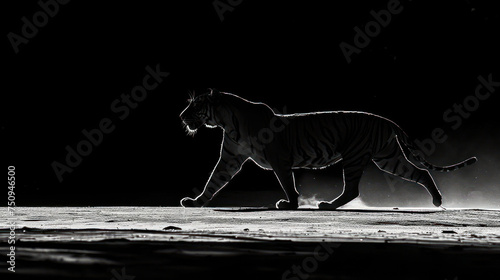 a black and white photo of a tiger walking on a dark surface with light coming from the top of its head.