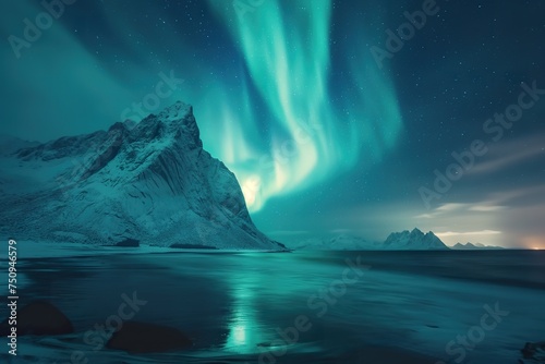 Aurora borealis phenomenon lighting up the night sky over a mountain.
