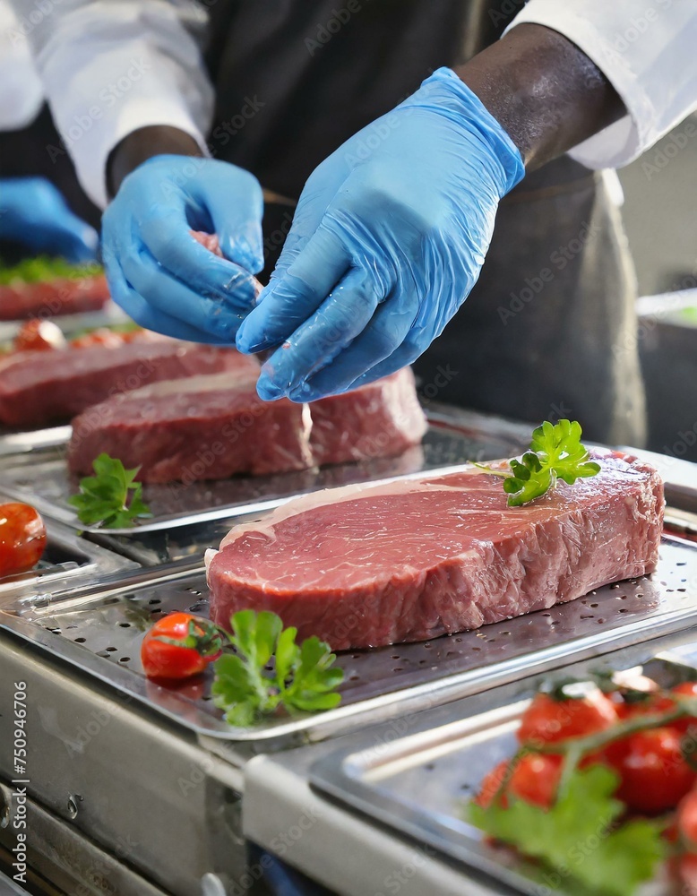  Meat or steak production line with hands of a worker wearing latex protective gloves