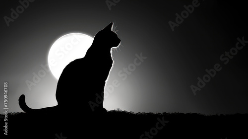 a black and white photo of a cat sitting in front of the sun with the moon in the back ground.
