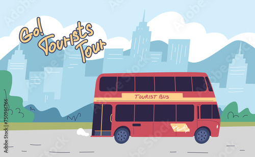 Excursion bus. London double decker car on city mountain highway, britain sightseeing europe tour touristic transport, tourist summer travel euro trip banner vector illustration