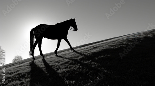 a black and white photo of a horse on a hill with the sun shining in the sky in the background.