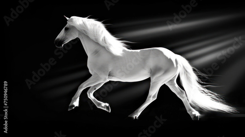a black and white photo of a white horse on a black background with rays of light coming from behind it.