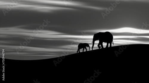 a black and white photo of a mother and baby elephant on a hill with a cloudy sky in the background.