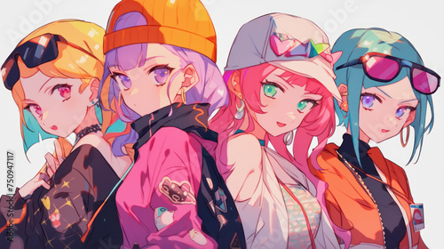 illustration of four anime girls with caps wearing street fashion with purple  yellow  blue and pink hairs