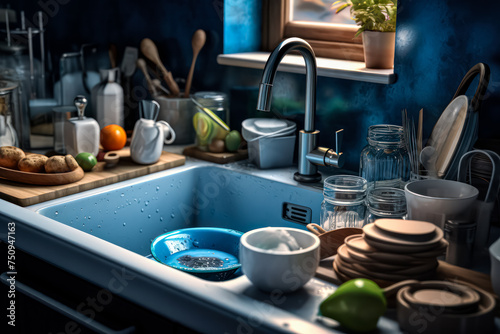 A metal sink filled with dirty dishes, crockery, and tableware, reflecting the aftermath of a meal and the need for washing and cleaning.