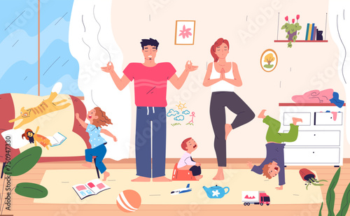 Parents meditating. Stressed parent with jump hyperactive baby home apartment, tired mommy calm dad relax yoga in family chaos mischievous kids, serenity classy vector illustration