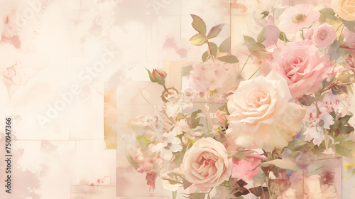Muted light pink white vintage retro scrapbooking paper background with retro roses bouquets