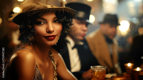 a stylish black woman at a 1920s bar, capturing the essence of classic Hollywood glamour and the Harlem Renaissance with dark amber tones and lively tavern scenes in the background.