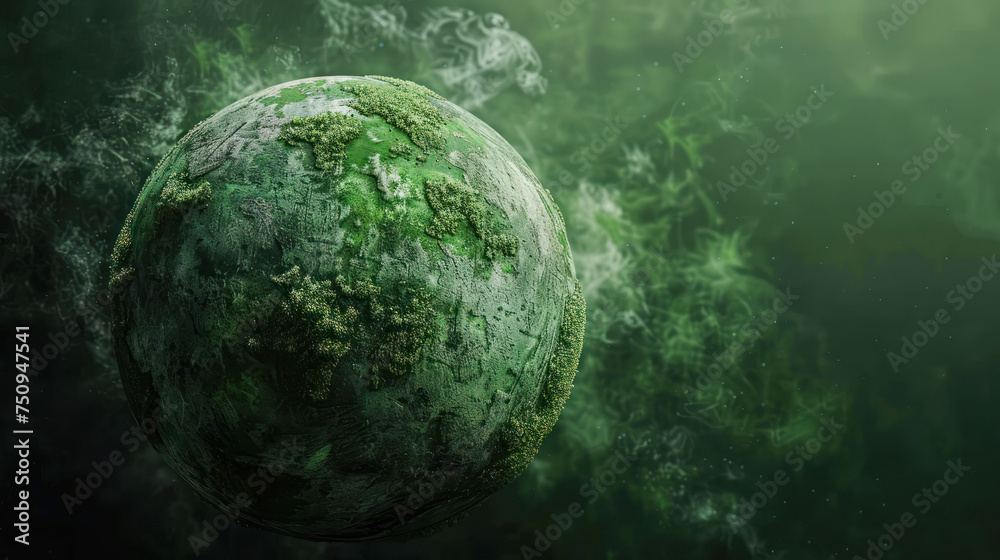 illustration of a strange planet with green surface against a foggy green background