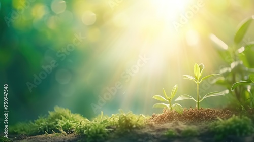 a close up of a plant growing out of a patch of dirt with the sun shining through the trees in the background. photo