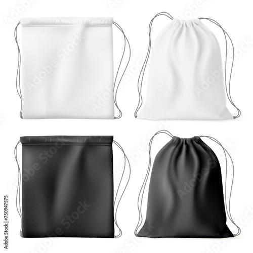 Drawstring bags. Realistic sport sack with rope or nylon cord, canvas backpack mockup for gym fabric back bag template fashion textile rucksack, pouch nowaday vector illustration