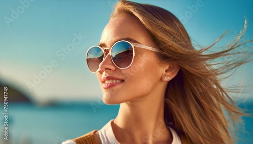 beautiful blond woman in sunglasses on blue background. Carefree summer