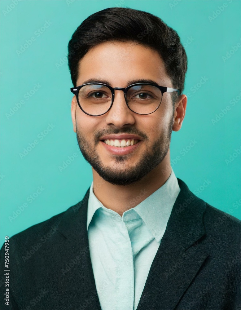 young smiling man wearing glasses isolated on turquoise background young smiling man wearing glasses isolated on turquoise background