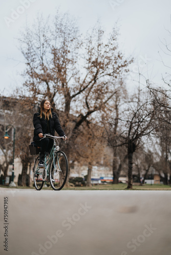 Serene woman cycling through an urban park in autumn with bare trees.
