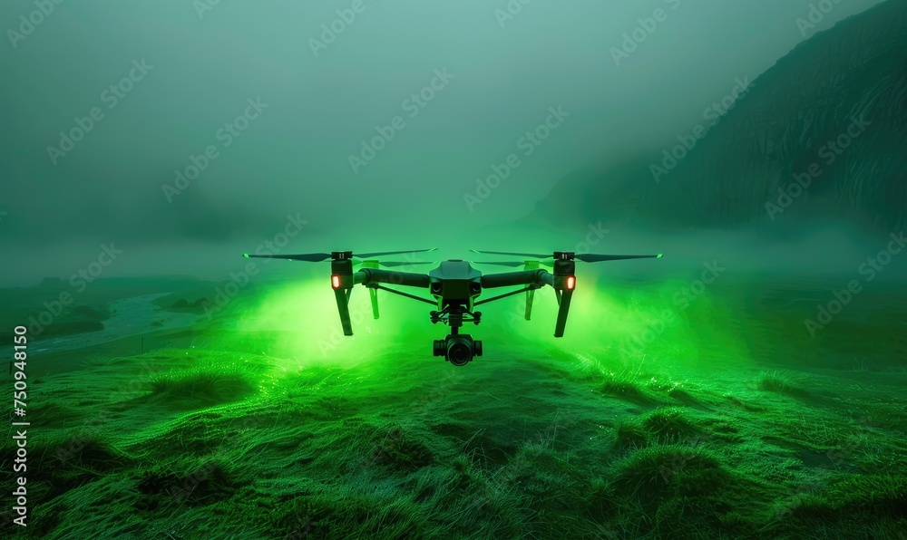 Fototapeta premium A flying drone, neon green glowing background