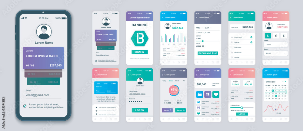 Banking mobile app screens set for web templates. Pack of account login, financial statistic, online payments, currency transfer. UI, UX, GUI user interface kit for cellphone layouts. Vector design Banking mobile app screens set for web templates. Pack of account login, financial statistic, online payments, currency transfer. UI, UX, GUI user interface kit for cellphone layouts. Vector design