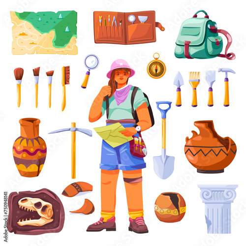Archaeologist tools. Archeologist with archaeological artifacts and instruments, paleontology explorer digging tool, brush map excavation fossil research recent vector illustration © ssstocker