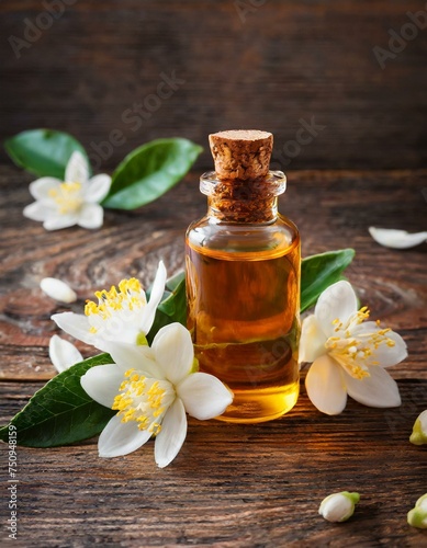 Neroli essential oil with flowers on a wooden background 