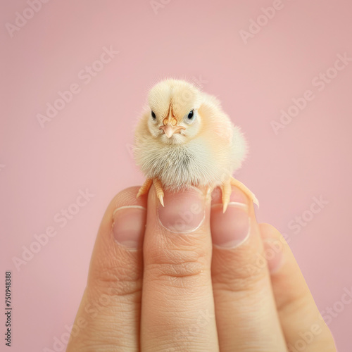 Cute minimal animal concept on pastel background. A miniature cub in a human hand on a fingertip. Cute irresistible baby chick.