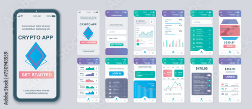 Crypto mobile app screens set for web templates. Pack of profile login, financial statistics, cryptocurrency datum, online trade. UI, UX, GUI user interface kit for cellphone layouts. Vector design