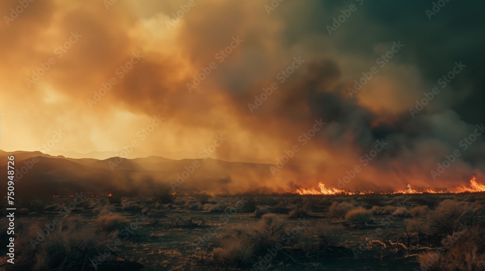 A wildfire spreads rapidly, consuming sparse vegetation on sandy dunes - obrazy, fototapety, plakaty 