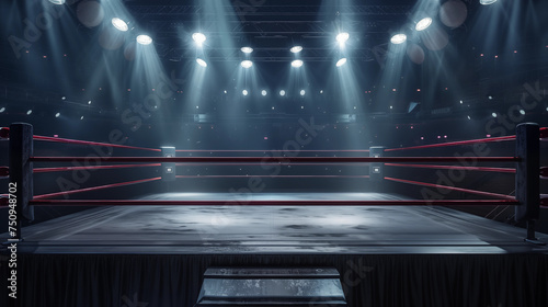 Box ring in a dark empty arena with many spot lights