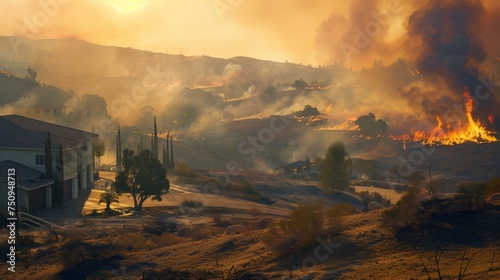 Smoke rises from a brush fire in the desert photo