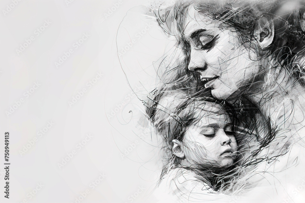 Fototapeta premium Mother and son embracing, black and white pencil sketchy drawing illustration