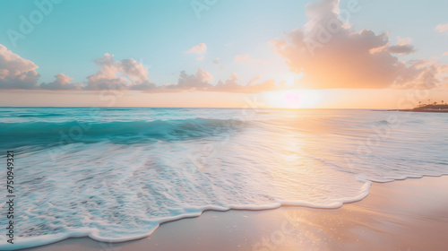 Serene Beach Sunset with Gentle Waves and Cloudy Sky