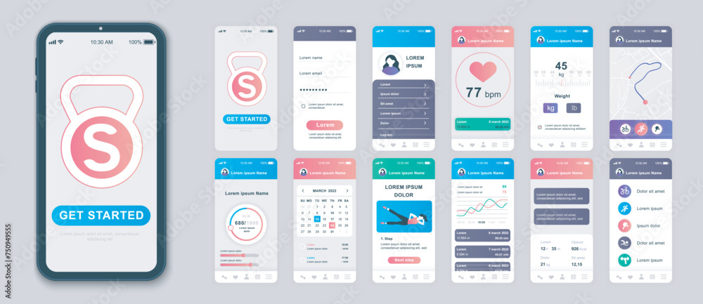 Fitness mobile app screens set for web templates. Pack of user profile, wight or pulse information, online maps, calendar, exercise. UI, UX, GUI user interface kit for cellphone layouts. Vector design - obrazy, fototapety, plakaty 