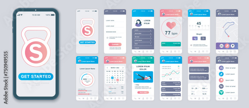 Fitness mobile app screens set for web templates. Pack of user profile, wight or pulse information, online maps, calendar, exercise. UI, UX, GUI user interface kit for cellphone layouts. Vector design photo