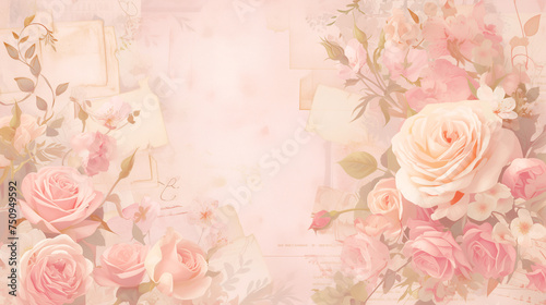 Beautiful vintage retro scrapbooking paper nostalgic background with pink roses bouquets and old fashioned cards