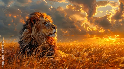 Majestic Lion at Golden Hour in Savanna